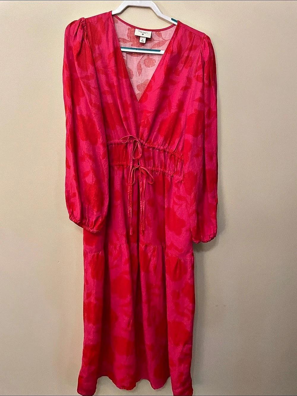 Kate Spade New York Classic Rose Linen Long Sleeve Maxi Dress Pink & Red XL